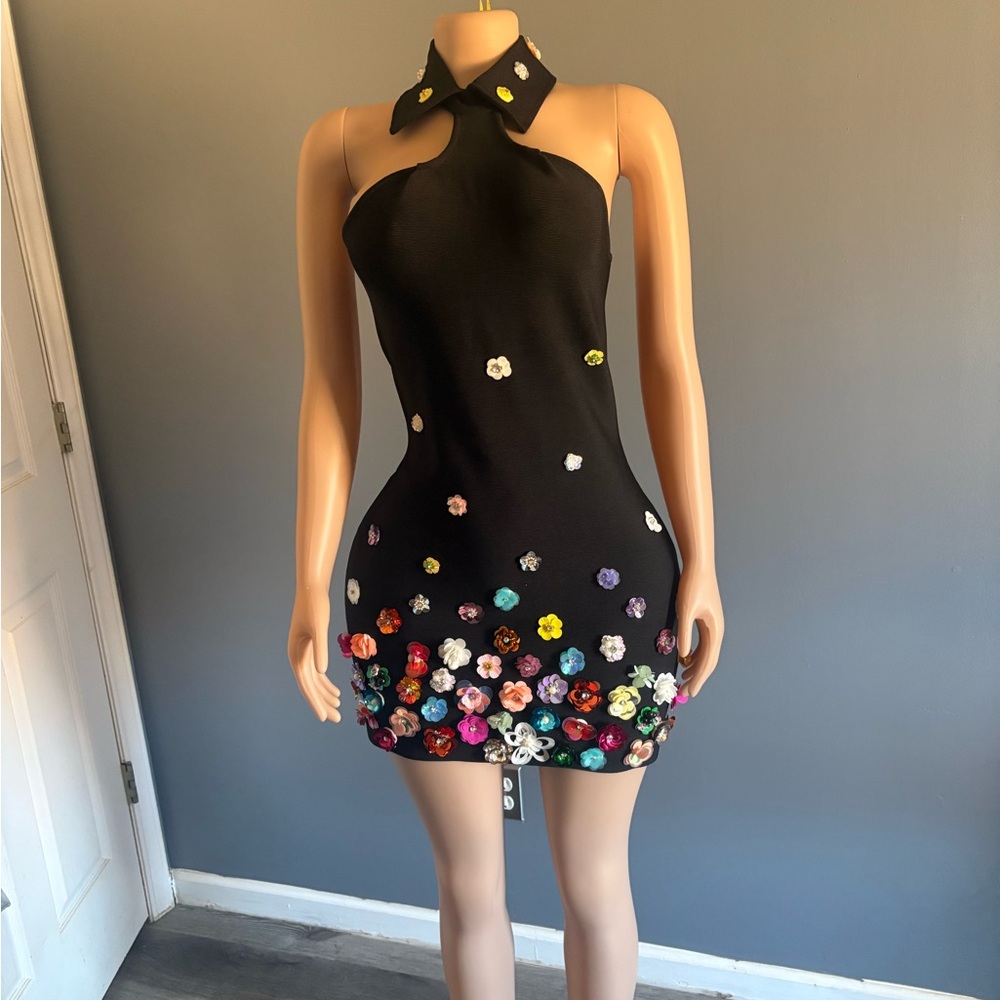 Floral Embellished Black Halter Dress